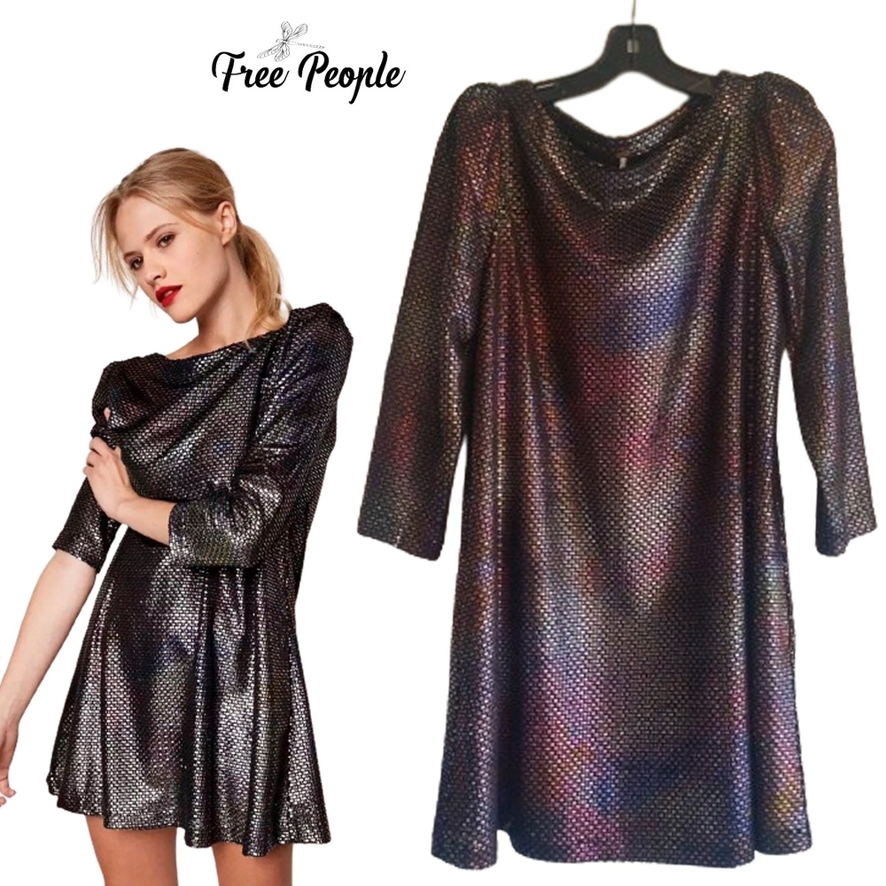REE PEOPLE XS Metallic Iridescent Mini Dress Puffed 3/4 Sleeves NWT